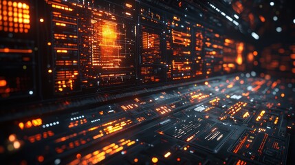 Aufkleber - Futuristic Interface with Orange Lights and Data Panels