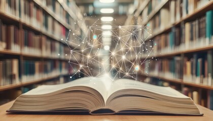 Aufkleber - Open Book with Abstract Network and Blurred Bookshelves in the Background