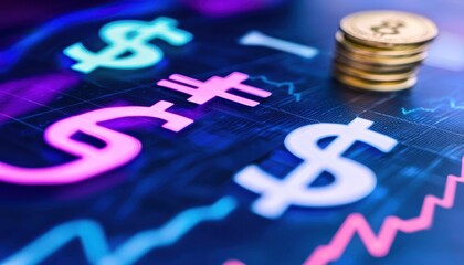 Aufkleber - Neon Dollar Signs on Blue Background with Stack of Coins and Graph