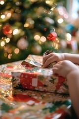 Wall Mural - Joyful Anticipation: Child Opening Christmas Gift by Sparkling Tree Background for Holiday Cards