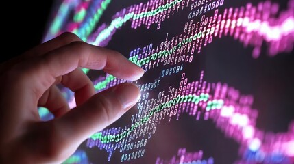 Fototapete - A Hand Interacting with Colorful Digital Data Displayed on a Screen