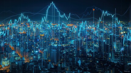 Poster - A Cityscape with Overlaid Blue Stock Market Data at Night