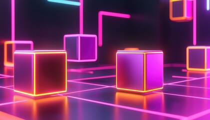 Poster - Neon Glowing Cubes and Lines on a Reflective Surface