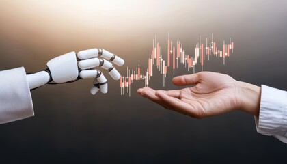 Aufkleber - Robotic Hand Reaching Towards Human Hand with Financial Chart