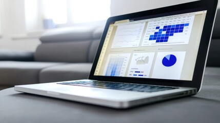 Leinwandbilder - Open Laptop Displaying Charts and Graphs with Blue Color Scheme