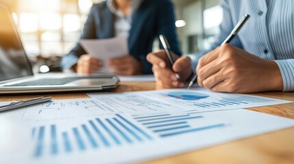 Aufkleber - Closeup of Hands Analyzing Business Data with Charts and Pens