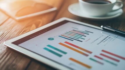 Leinwandbilder - Close-up of a Tablet Displaying a Bar Graph with a Pen and Coffee Cup in the Background