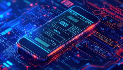 Poster - Smartphone on a Futuristic Circuit Board with Neon Lights