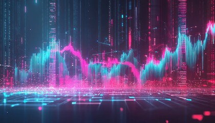 Poster - Abstract Cityscape with Neon Lights and Data Flow