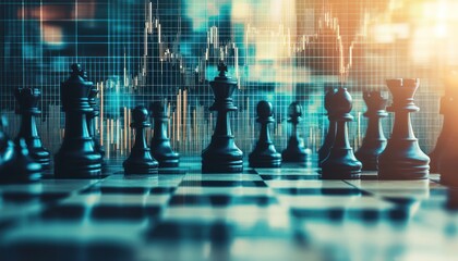 Poster - Chess Pieces on a Board with Stock Market Chart Background