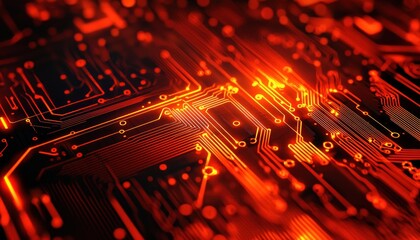 Poster - Close-up of a Red-Lit Circuit Board with Glowing Lines and Connections