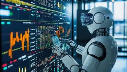 Aufkleber - A humanoid robot analyzing financial data on a screen.