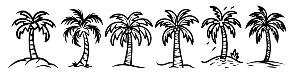 Sticker - black and white illustration of various palm trees, hand-drawn line art