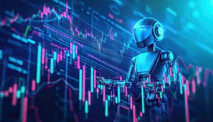Fototapete - A Futuristic Robot Analyzing Financial Data on a Screen
