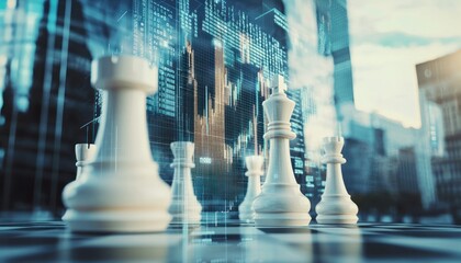 Poster - White Chess Pieces on a Chessboard with Cityscape and Data Visualization in the Background