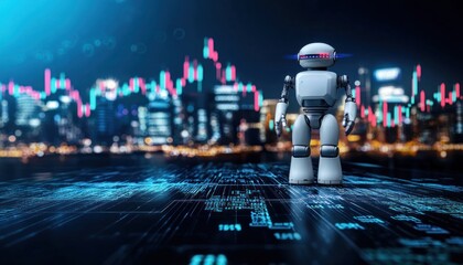 Aufkleber - Futuristic Robot Standing on a Digital Platform in a Cityscape Background