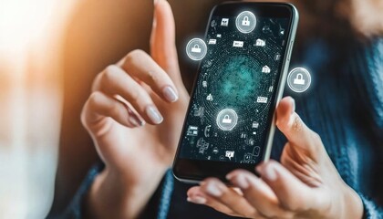 Poster - Person Using Smartphone with Cybersecurity Icons and Fingerprint Scanner