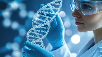 Poster - A Scientist Examining a 3D Model of a DNA Helix