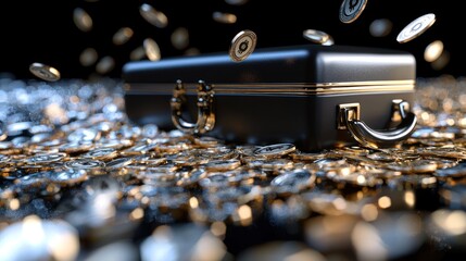 Poster - Black Briefcase with Gold Trim Sitting on a Bed of Cryptocurrency Coins