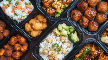 Poster - Delicious assortment of takeout dishes with rice, chicken, and vegetables presented in black plastic containers under warm lighting