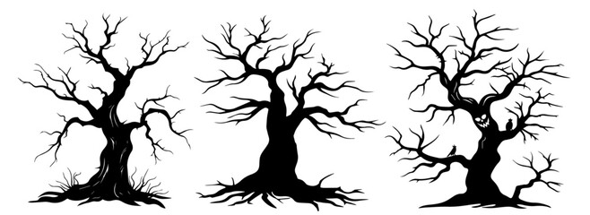 Wall Mural - set of haunted leafless trees in spooky silhouette style – black vector