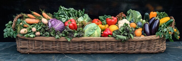 Poster - A wicker basket is filled with a variety of fresh vegetables including carrots, lettuce, and peppers, highlighting their vibrant colors. Generative AI