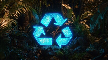 Leinwandbilder - Glowing Blue Recycling Symbol in a Lush Tropical Forest