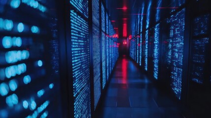Fototapete - Rows of Servers Lit by Blue and Red Lights in a Server Room