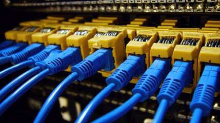 Aufkleber - Close-up of Blue Network Cables Connected to a Yellow Switch