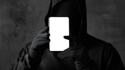 Poster - A shadowy figure in black clothing holding a smartphone with a blank screen.