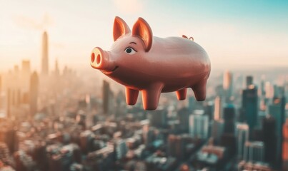 Wall Mural - Flying Piggy Bank Over Cityscape