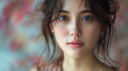 Wall Mural - Captivating portrait of a young woman with soft features and wavy hair set against a blurred floral backdrop. Generative AI