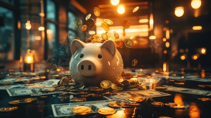 Aufkleber - Piggy Bank Overflowing With Gold Coins and Dollar Bills