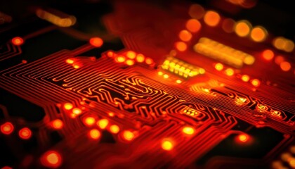 Poster - Close-up of Illuminated Red Circuit Board with Intricate Traces