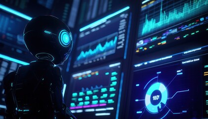 Fototapete - A Futuristic Robot Observing Data on Multiple Screens