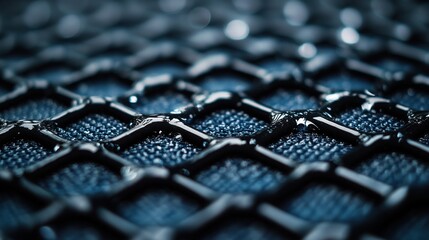 Poster - Close-up of dark blue fabric with grid pattern and water droplets.