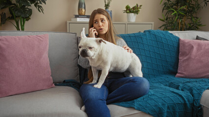 Wall Mural - A young blonde woman sits in her living room with a white dog on her lap, talking on the phone in a cozy apartment setting.