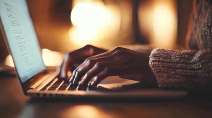 Aufkleber - Closeup of a Person's Hands Typing on a Laptop in a Warmly Lit Room