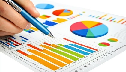 Aufkleber - Hand Holding a Blue Pen Pointing at a Bar Graph on a Business Report