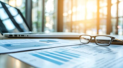 Poster - Close-up of Financial Documents with Glasses and Laptop in Blurred Background