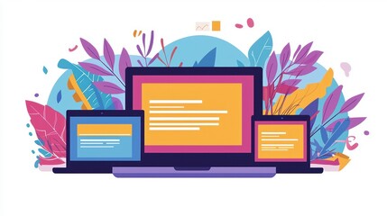Poster - A laptop, tablet, and smartphone on a background of colorful abstract foliage