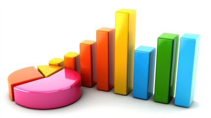 Aufkleber - Colorful 3D Bar Graph and Pie Chart on White Background