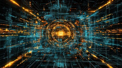 Aufkleber - Abstract Digital Network with Glowing Orange and Blue Lines