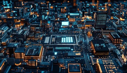 Poster - Futuristic Cityscape Built on a Circuit Board