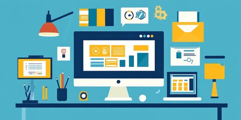 A website showcasing responsive web designs looks great on computers, laptops, phones, and tablets.  The background is blue, and the site features web design elements.