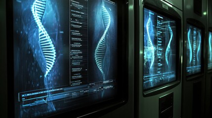 Poster - Multiple computer screens displaying a digital representation of a DNA helix.