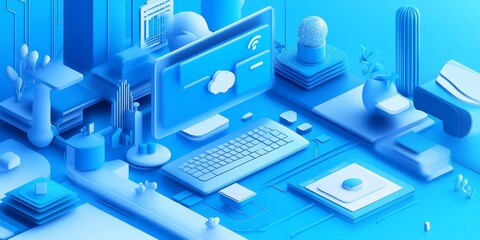A website showcasing responsive web designs looks great on computers, laptops, phones, and tablets.  The background is blue, and the site features web design elements.