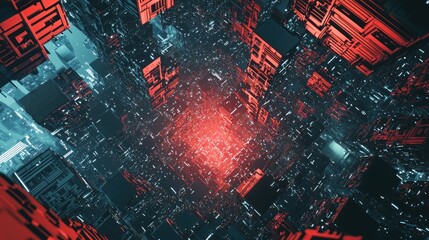 Poster - Abstract digital city with red glowing center and blue neon accents.