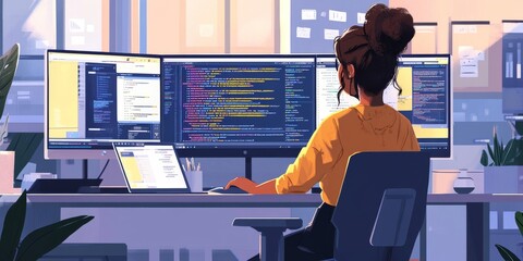 A woman programmer works in a modern office.  She's coding, running tests, and surrounded by computer screens displaying code.