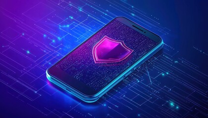 Aufkleber - Smartphone with a Holographic Shield on a Digital Background